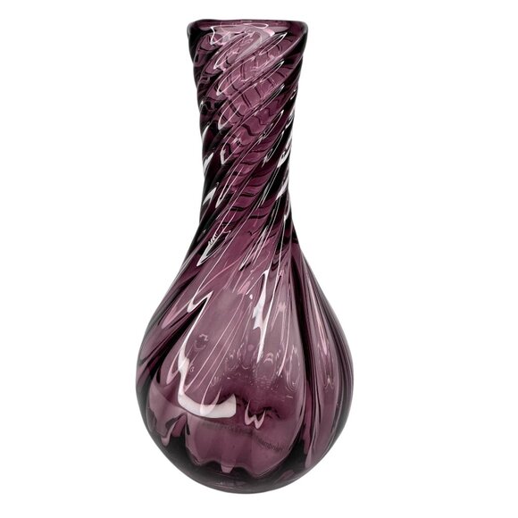 Vintage Hand Blown Purple Glass Swirl Vase Handmade in Poland Flower Bud 5.5"x2" - Picture 9 of 13